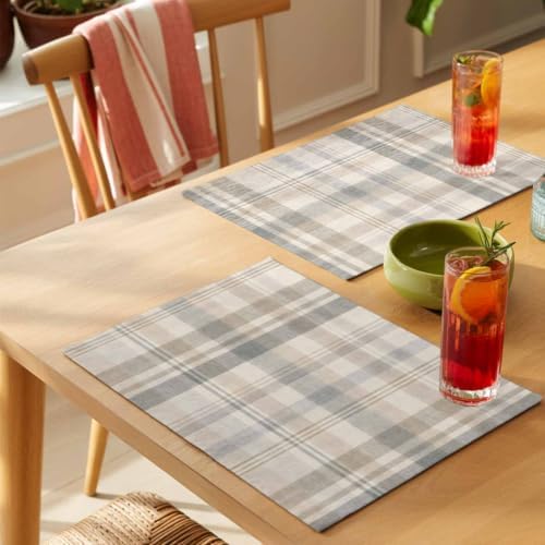 Gray Cream Plaid Placemats Set of 8, Cotton Linen Fabric Place Mats