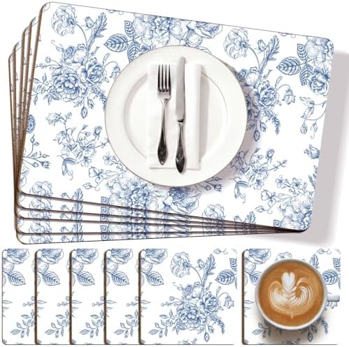 LemonRoad 6 Sets Blue and White Floral Cork Placemats 16x12 Inches
