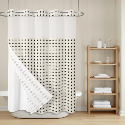 No Hook Vintage Geometric Shower Curtain with Snap in Liner Set