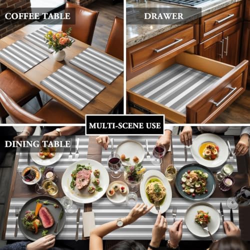 Cotton Linen Placemats for Dining Table Set of 8 Grey Strips