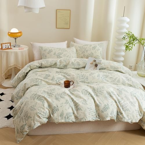 ECOCOTT 3 Pieces Duvet Cover Set with Vintage Green Leaves Pattern