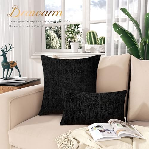 BRAWARM Chenille Throw Pillow Covers 18x18 Inches, Black, Pack of 2