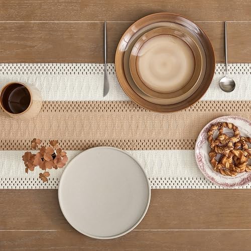 ZeeMart Macrame Style Bicolor Stitching Table Runner 14x36in Beige