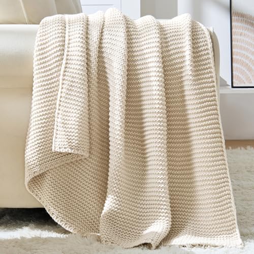 Beige Throw Blanket, Garter Knit, 50" x 60", Ivory Beige