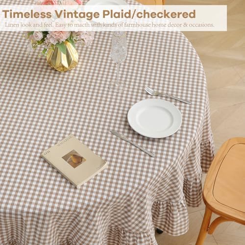 CNPYZH Taupe White Gingham Ruffled Tablecloth Dia.90 inches