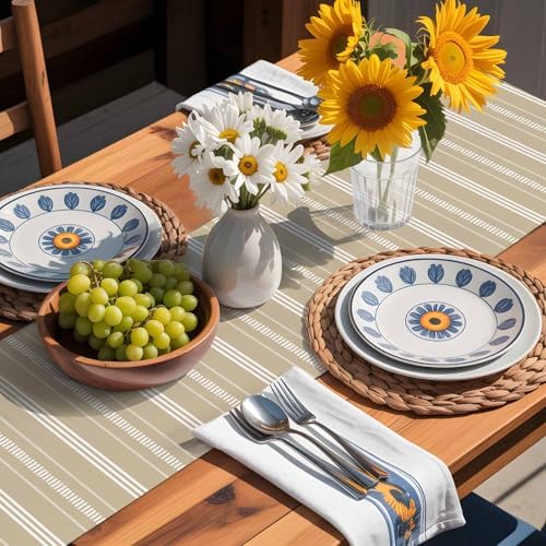 Boho Beige Table Runners 108 Inches Long, Cotton Linen Fabric Table