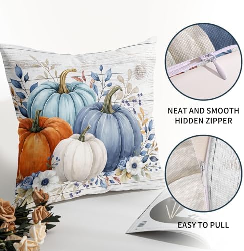 Fall Pumpkin Floral Throw Pillow Covers 22x22 Inch Blue Teal Orange