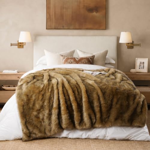 BATTILO Luxury Golden Faux Fur Throw Blanket for Bed, 60"x 80", Thick