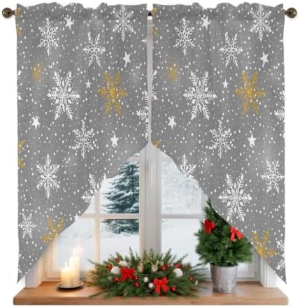 Christmas Snowflake Swag Valance Curtains Grey Winter Yellow White
