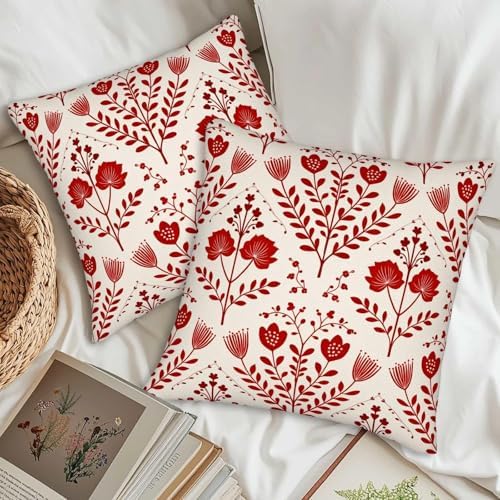 Nordic Folk Floral Throw Pillow Covers 18x18 Set of 2 | Red