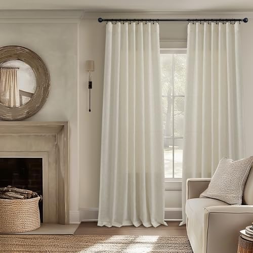 Flax Linen Curtains 84 Inch Length for Living Room 2 Panel Back Tab