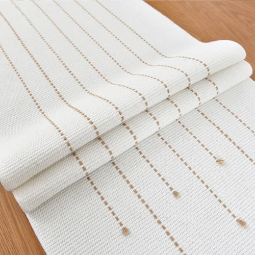 Boho Table Runner Natural Cotton Woven Runner with HandmadeTassels for