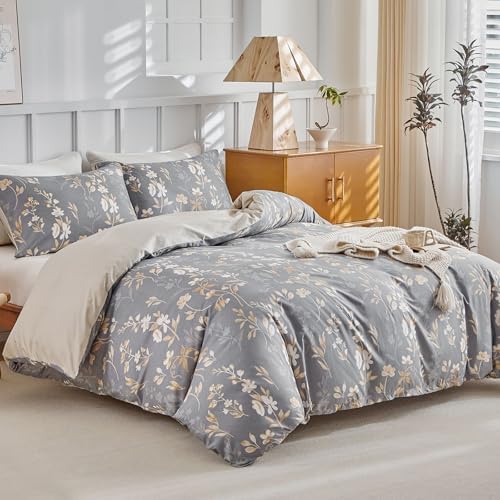 Lekesky Reversible Duvet Cover Queen Size, Grey with Gold Floral