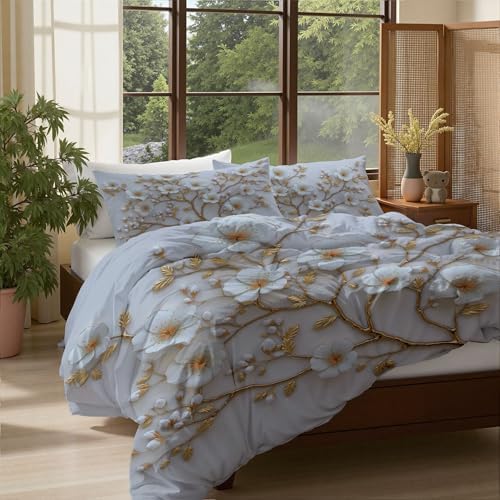 Duvet Cover Set King, 3D Minimalist Flowers and Branches Brushed