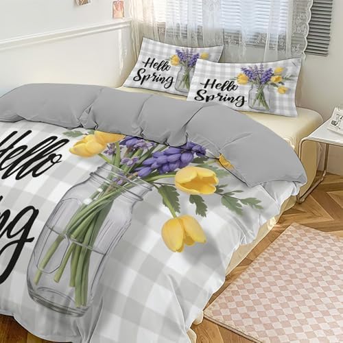 Spring Plant Illustration Duvet Cover King Size, Hand-Drawn Plaid