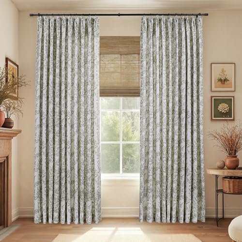 TWOPAGES Pinch Pleat Leaf Curtain 108 Inch Long Blackout Drape Linen