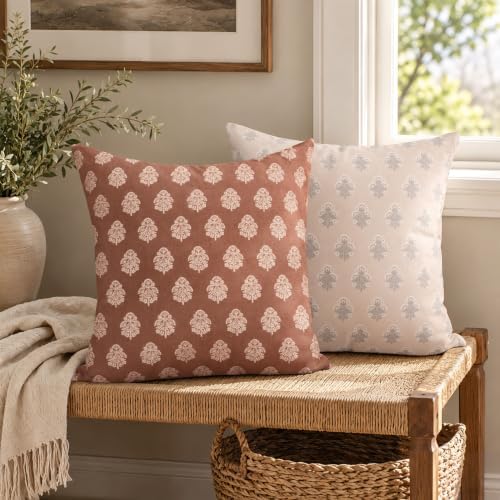 AELS 18x18 Decorative Farmhouse Throw Pillow Covers, Boho Floral Block