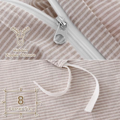 TOCOMOA Brown Striped Duvet Cover Set 100% Washed Cotton Like Linen