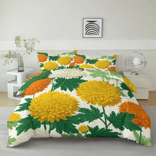 King Duvet Cover Set Retro Chrysanthemum and Sage Pattern Bedding Set