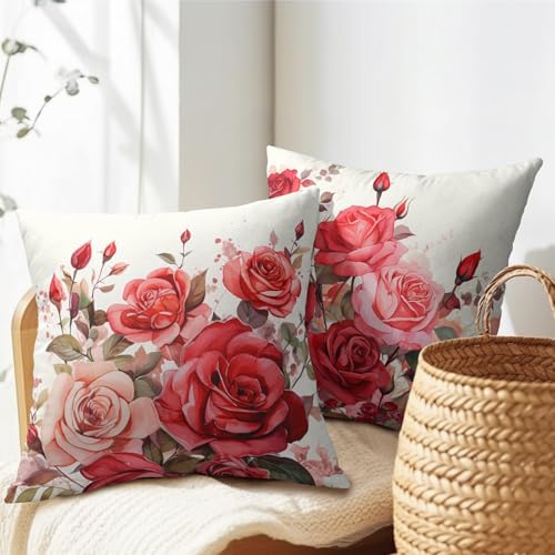 Kawani Red Rose Flowers Pillow Covers 18x18 Inch Set of 2 Valentines