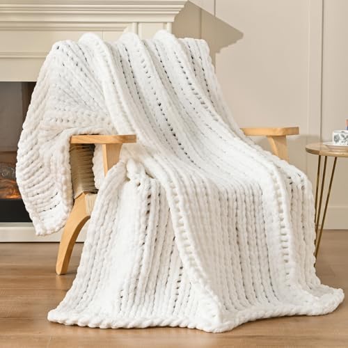 Esterra 100% Hand Knitted Chenille Throw Blanket, 50"x60", White