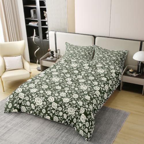 Feelyou Sage Green Floral Duvet Cover 100% Cotton Queen Size Tropical
