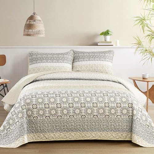 WONGS BEDDING Boho Quilt Set Queen,3 Pcs Beige Floral Striped