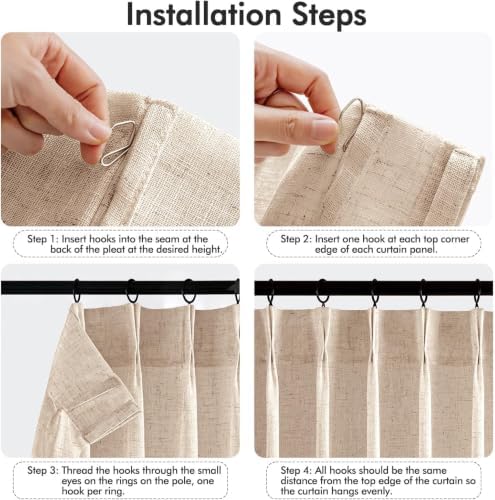 MIULEE Natural Beige Pinch Pleated Linen Curtains 2 Panels 40W x 84L