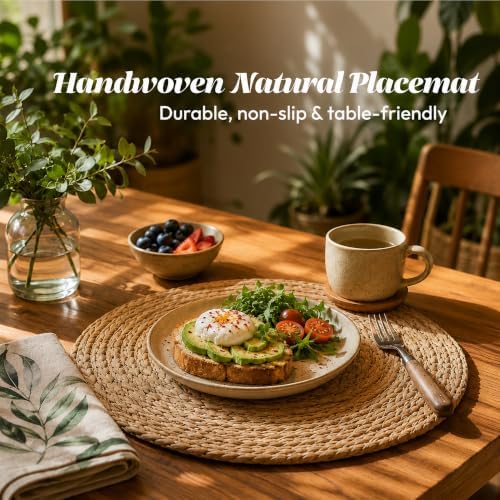 13 Inch Round Woven Placemats Set of 8, Natural Rush Rattan Wicker