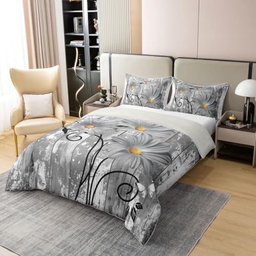 Erosebridal Daisy 100% Cotton Duvet Cover Grey Floral Bedding Set