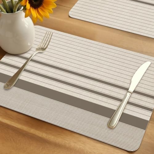 Placemats Set of 6, Minimalist Taupe Beige Striped Faux Leather