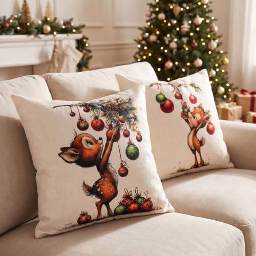 Christmas Pillow Covers 18x18 Ivory Red Deer Farmhouse Decor for Couch