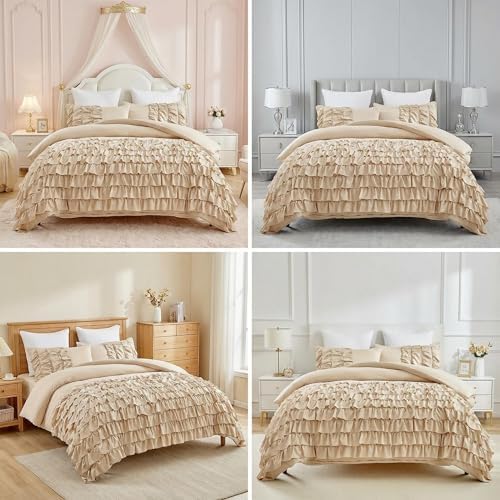 Ruffled Duvet Cover Set Full Size Soft Shabby Chic Waterfall Bedding