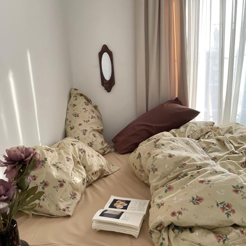 MKXI Yellowish Beige & Red Floral Duvet Cover Set Queen Size - 3 Piece