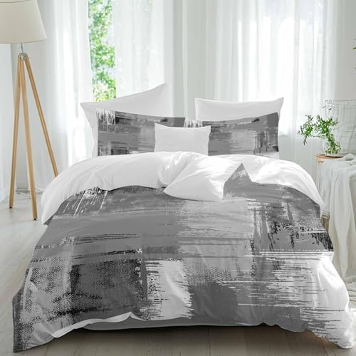 Grey Abstract Bed Duvet Cover Queen Size Bedding Set, Washed Patterned