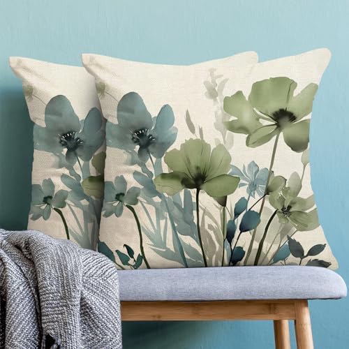 Spring Floral Pillow Covers 22x22 Inches Set of 2 Sage Green Blue