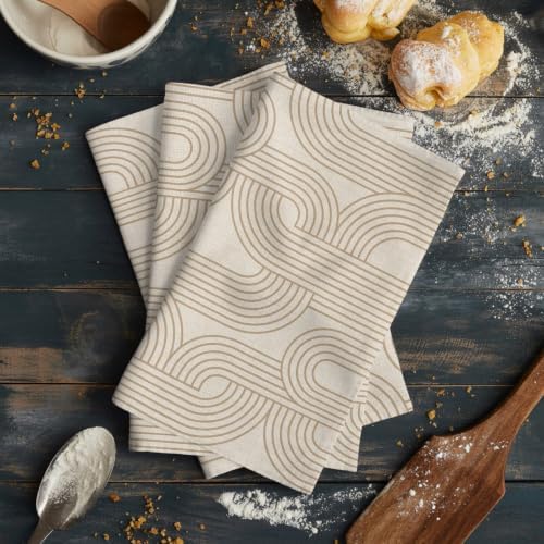 Beige Stripes Kitchen Towels Set of 3, Water Absorbent Dish Towel
