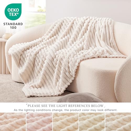 EXQ Home Beige Cozy Fleece King Blanket Stripe for Bed, Sofa & Travel