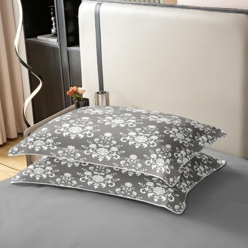 Feelyou Grey Floral Duvet Cover 100% Cotton Queen Size Boys Girls