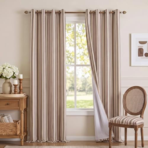 MYSKY HOME 100% Blackout Striped Linen Curtains 96 Inch Long 2 Panels