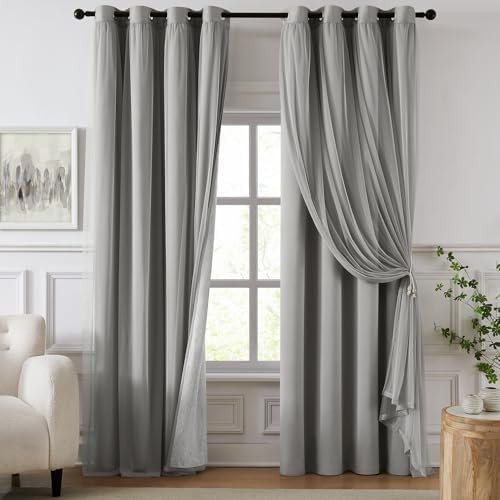 100% Blackout Curtains for Bedroom, Double Layer Grey 108" L