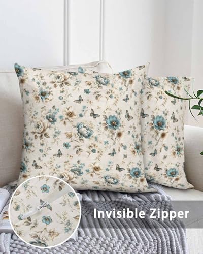 Vintage Tulip Throw Pillows 18x18 Set of 2, Teal Flowers Butterfly