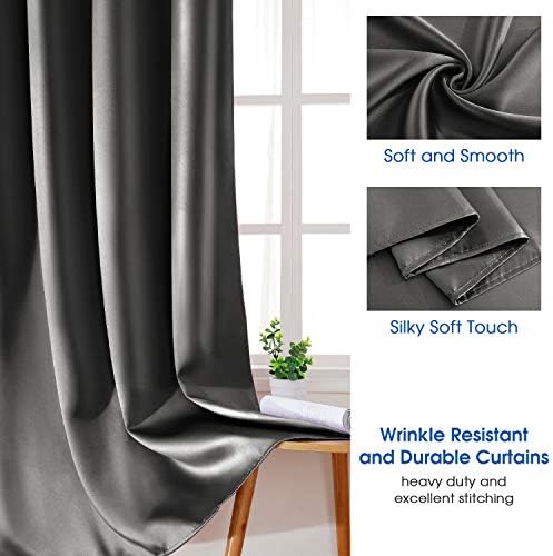HOMEIDEAS Faux Silk Dark Grey Blackout Curtains 52W x 96L 2 Panels