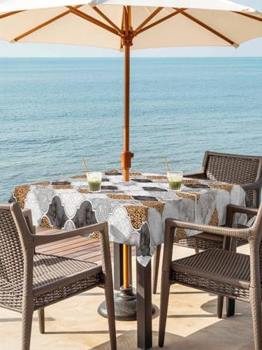 Outdoor Tablecloth with Umbrella Hole and Zipper Brown Damask Pattern