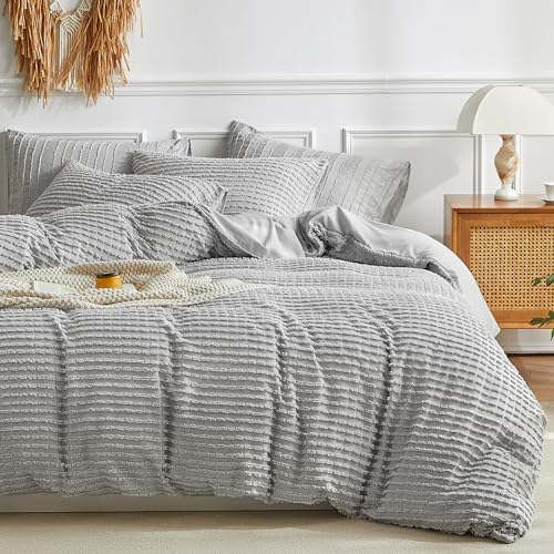 WARMDERN Grey Boho Duvet Cover Set Queen Size, Tuft Texture, 3-Piece