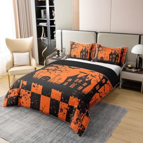 Manfei Halloween Kids Bedding Set King Size Cover 100% Cotton,Grid