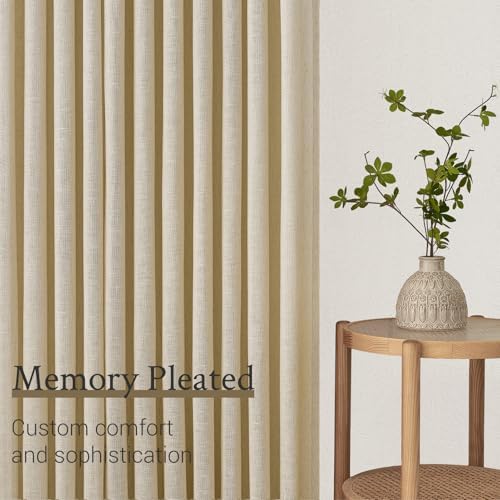 96 Inches Long Pinch Pleated Semi Sheer Curtains,Beige Light Linen