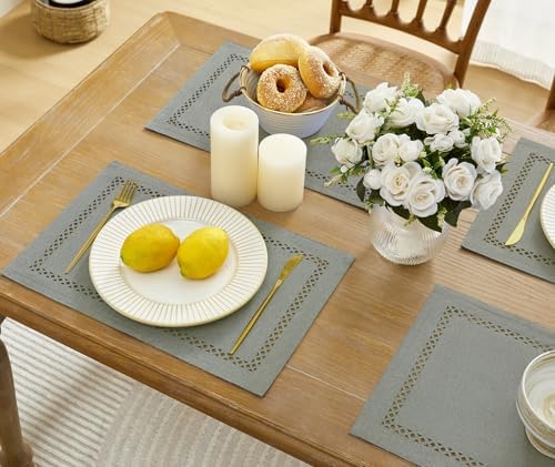 Farmhouse Burlap Place Mats, Grey Placemats Set of 6, 12 x 18 Inch