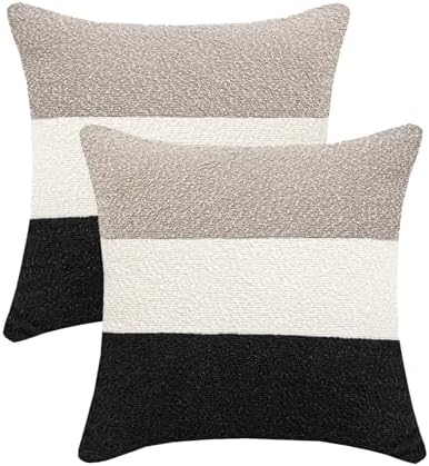 18x18 Boucle Striped Throw Pillow Covers Set of 2 Oatmeal Cream Black
