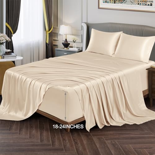 Vonty Beige Satin Sheets King Extra Deep Pocket 18-24In 4PC